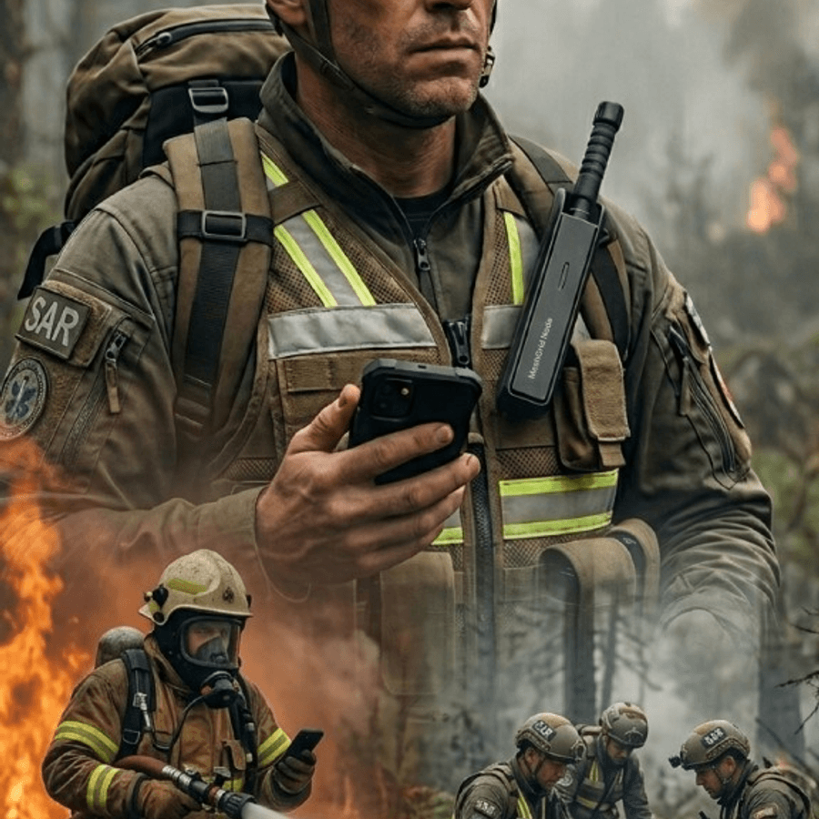 Yeleğinde MeshGrid Node olan arama-kurtarma görevlisi, elinde akıllı telefon; yangınla mücadele ve yaralı tahliyesi sahneleri.